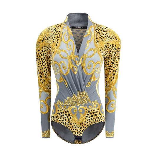 Versace Multicolor Viscose Top with leopard and Barocco print, long sleeves, deep V-neckline, and hook-and-eye closure, AW25 fashion.