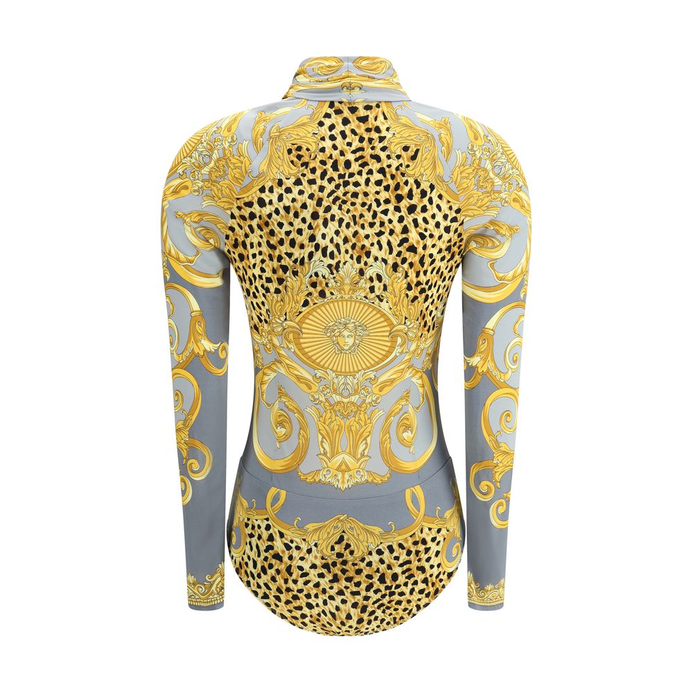 Back view of Versace Multicolor Viscose Top with leopard and Barocco print, featuring long sleeves and a draped V-neckline.