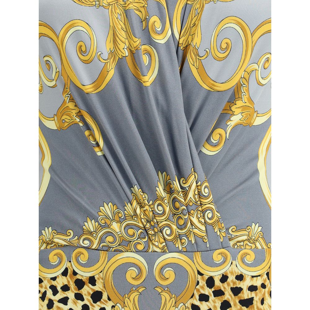 Versace Multicolor Viscose Top with Barocco motifs and Cheetah Foulard print, featuring a deep draped V-neckline and luxurious detailing.