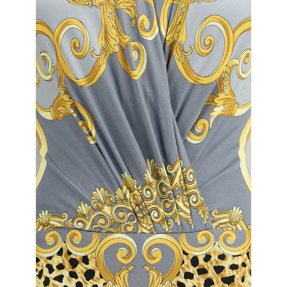 Versace Multicolor Viscose Top with Barocco motifs and Cheetah Foulard print, featuring a deep draped V-neckline and luxurious detailing.