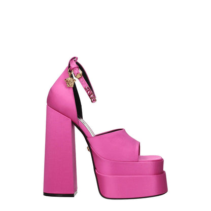 Alt Tag: Versace Pink Satin Platform Sandals with rhinestones and buckle closure, high heel, open toe, leather sole.