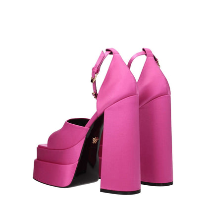 Versace Pink Satin Platform Sandals with rhinestone buckle, high heels, open toe, and leather sole, MPN 1007717DRA671PK4V.