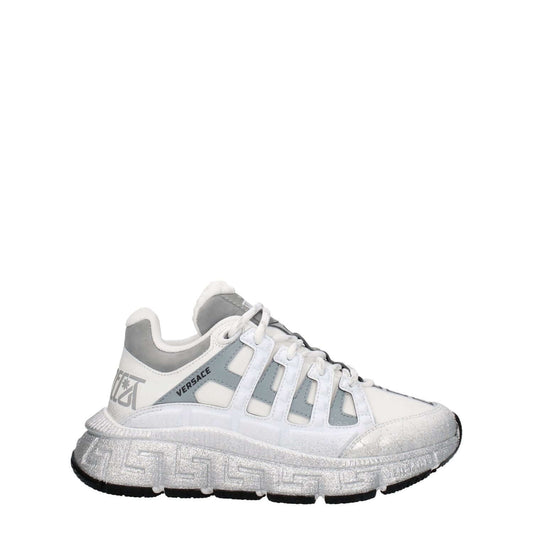 Versace White Fabric Athletic Sneakers with logos, mid-height heels, and rubber sole.