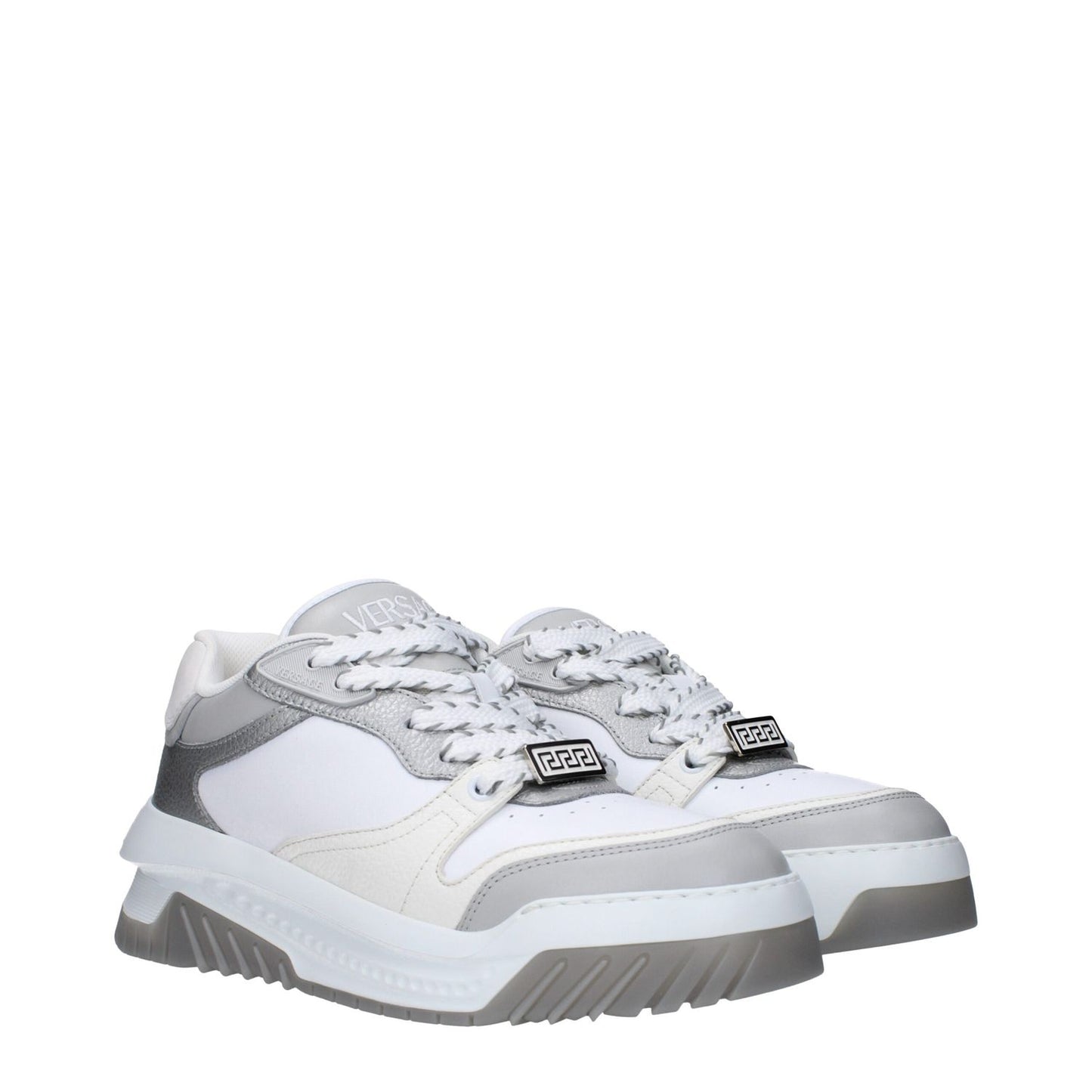 Versace White Leather Chunky Sneakers with silver accents, featuring front, side, and back logos, rubber sole, lace-up closure, and mid heels.