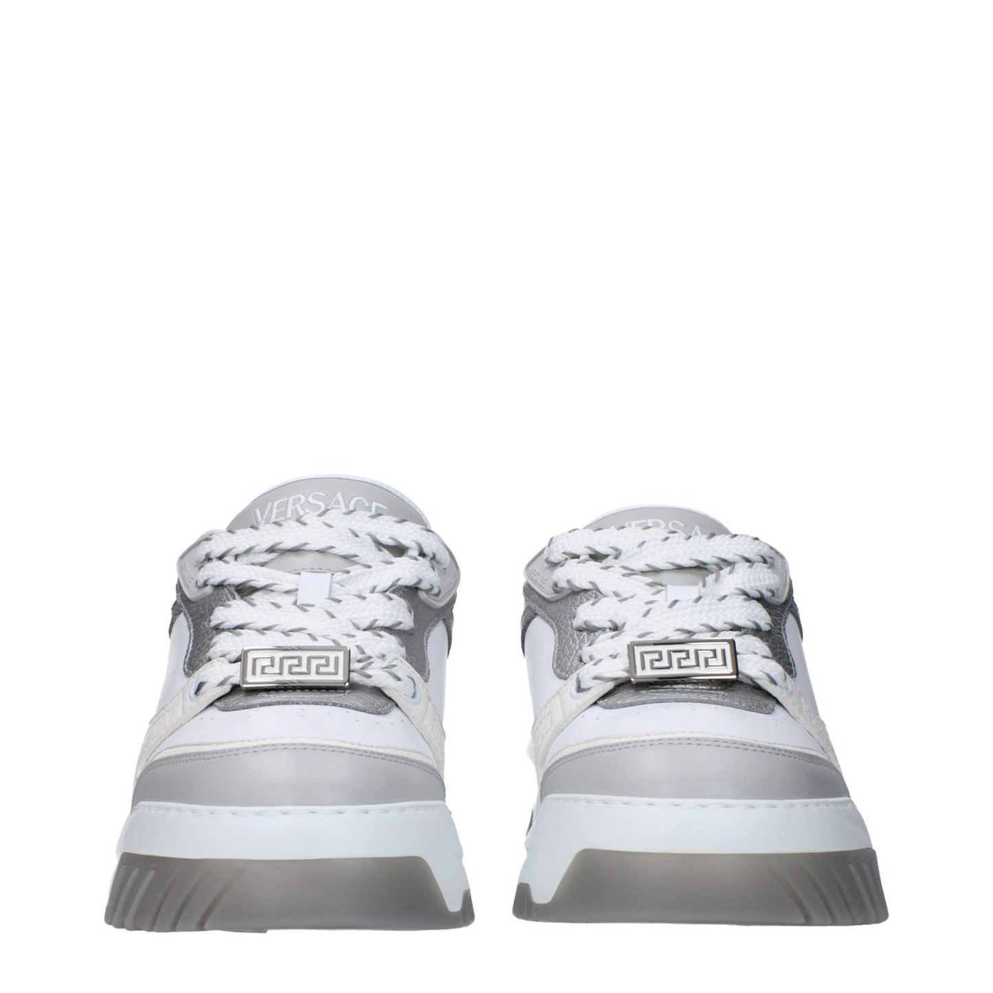 Front view of Versace White Leather Chunky Sneakers with lace-up closure, rubber sole, and silver accents.