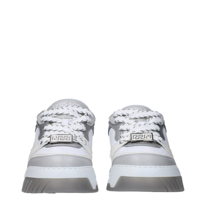 Front view of Versace White Leather Chunky Sneakers with lace-up closure, rubber sole, and silver accents.