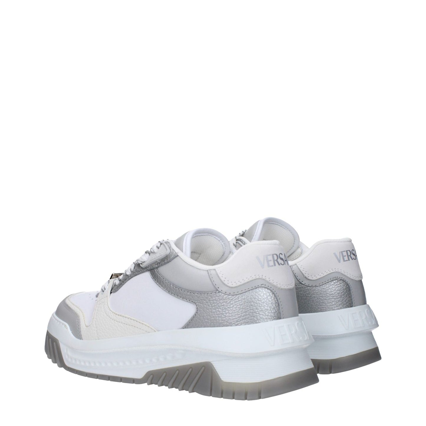 Versace White Leather Chunky Sneakers with silver accents and rubber sole, featuring front, side, and back logos.