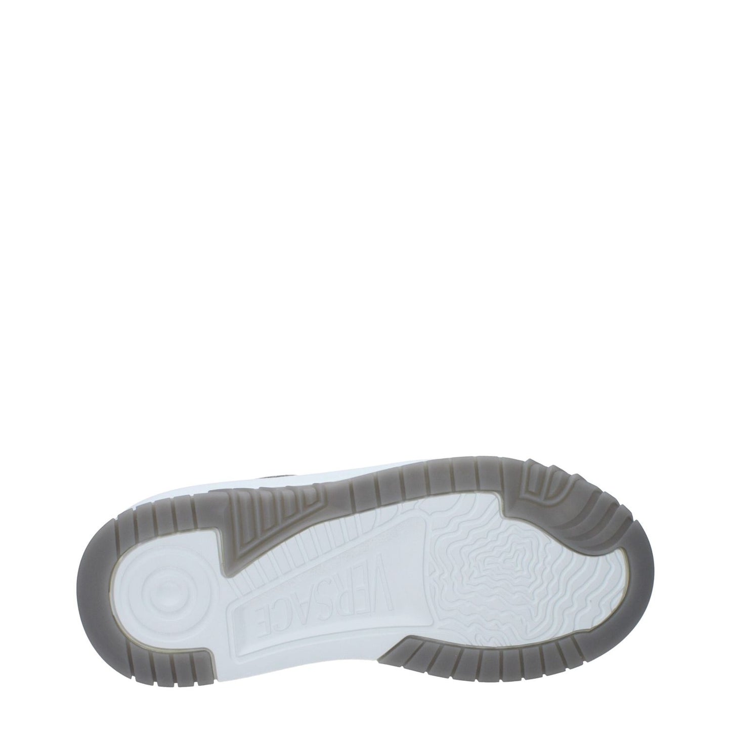 Sole of Versace White Leather Chunky Sneakers with logo detail, rubber sole, and mid heel design.