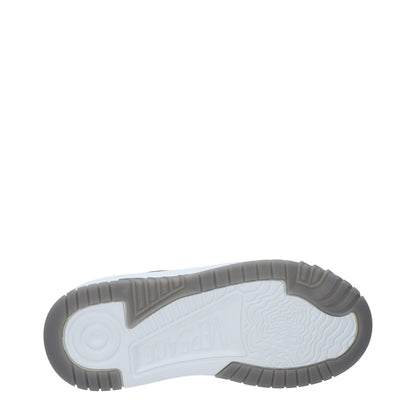 Sole of Versace White Leather Chunky Sneakers with logo detail, rubber sole, and mid heel design.