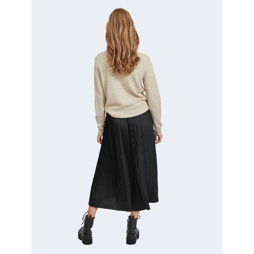 Back view of woman wearing Vila Clothes Beige Viscose Sweatshirt with a black pleated skirt, showcasing soft texture and casual style.