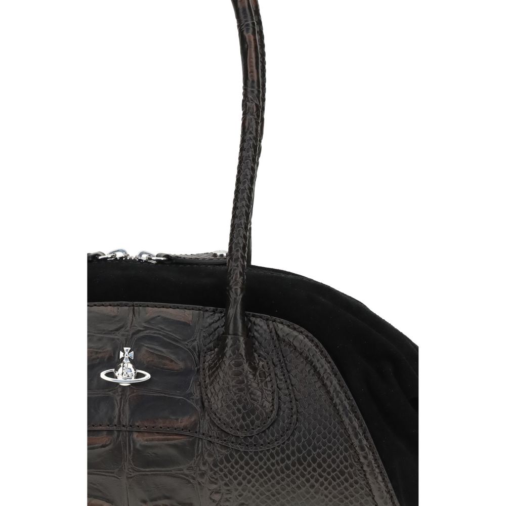 Close-up of Vivienne Westwood Black Calf Leather Bos Taurus Shoulder Bag with Orb detail and crocodile-embossed texture.