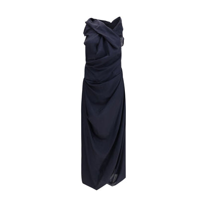 Vivienne Westwood Blue Wool Casual Dress with asymmetric hem and draped halter neckline, featuring a fitted waist and elegant design.
