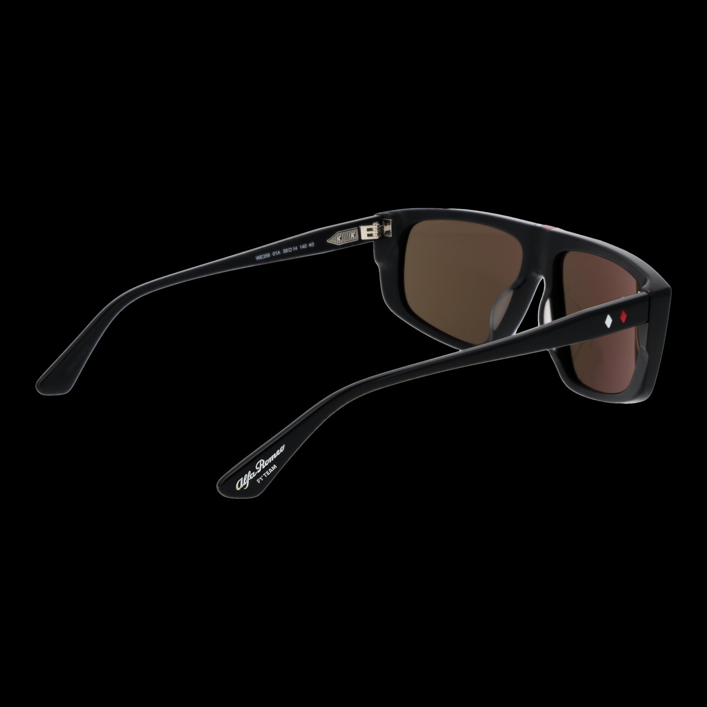 Sunglasses for gents, WEB MOD. WE0358 5801A, angled view of black frame with brown lenses.