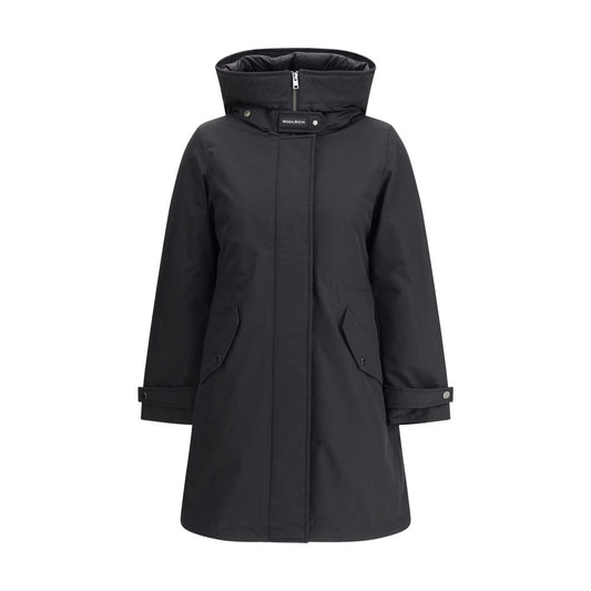 Woolrich Black Cotton Clothing 3-in-1 Parka Jacket with high collar, hood, double-slider zipper, and adjustable cuffs.