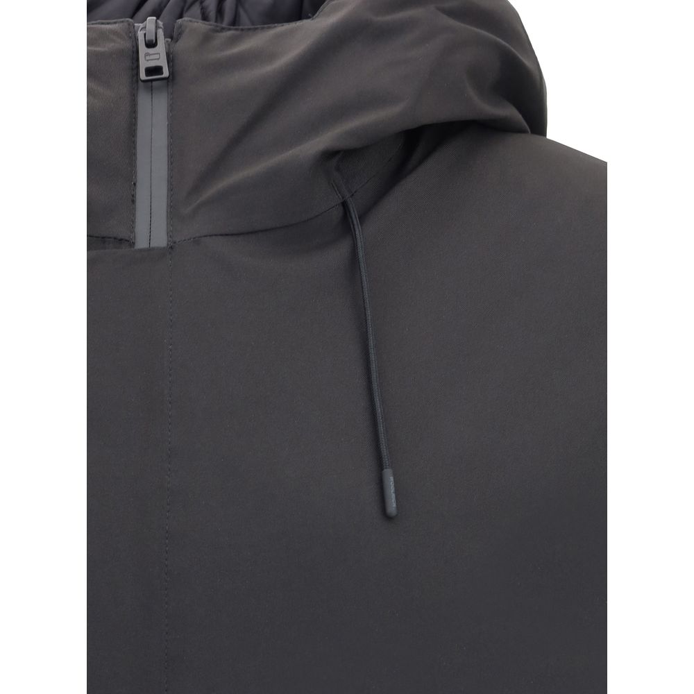 Close-up of Woolrich Black Polyester Shell Jacket with adjustable drawstring hood.
