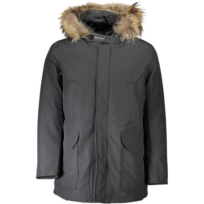 Woolrich Gray Cotton Men's Jacket with removable fur hood and multiple pockets, showcasing style and utility.