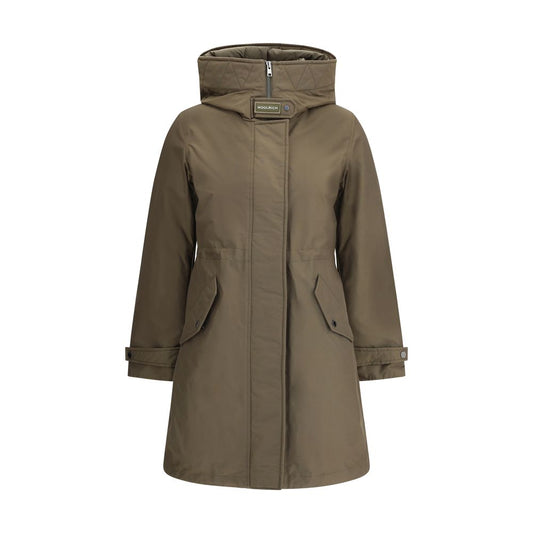 Woolrich Green Cotton Parka with high collar, hood, and double-slider zipper, showing front view of jacket with adjustable button cuffs.