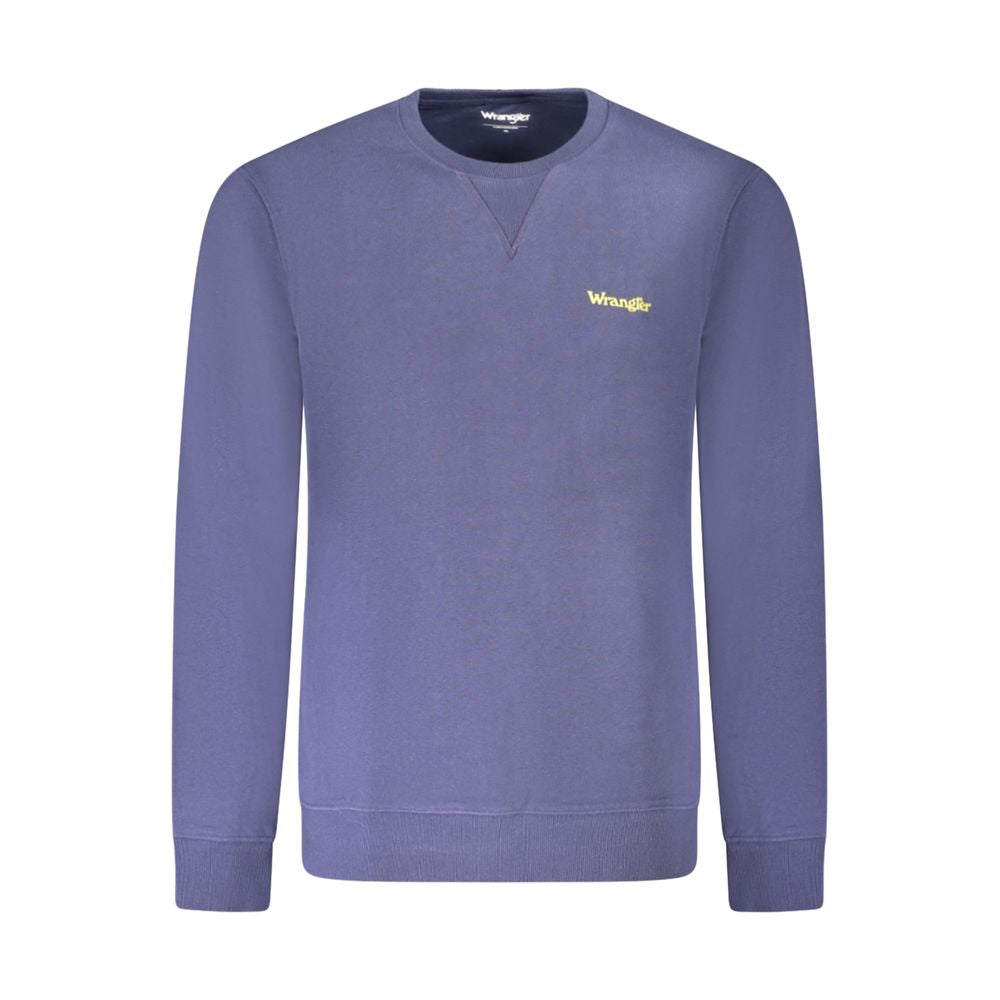 Wrangler Blue Cotton Men Sweater with long sleeves, crew neck, brushed texture, and subtle Wrangler logo print.