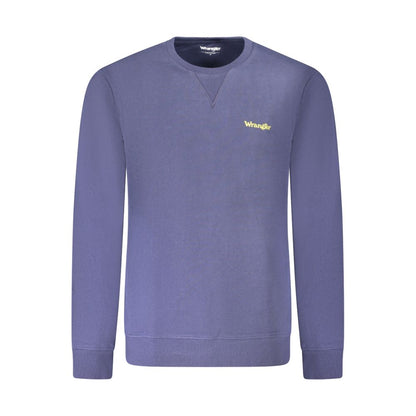 Wrangler Blue Cotton Men Sweater with long sleeves, crew neck, brushed texture, and subtle Wrangler logo print.