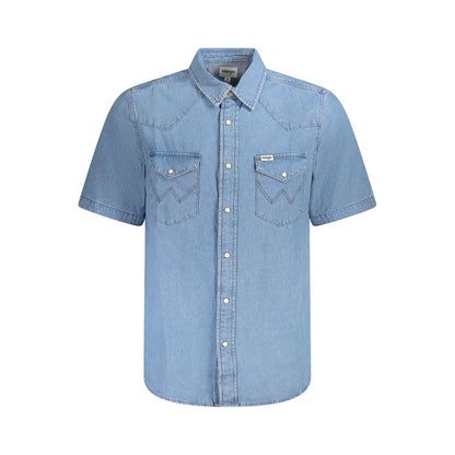 Wrangler Light Blue Cotton Men Shirt with automatic fastenings and two pockets, iconic logo, Western style, short sleeves, made of cotton.