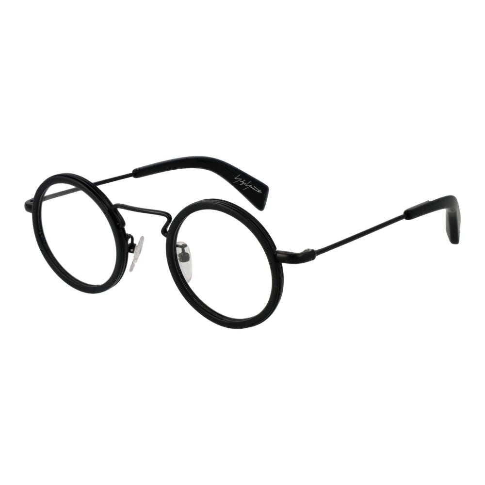 Yohji Yamamoto Black Acetate Glasses (Frames), unisex full-rim black acetate frames, round style with demo lenses, includes branded soft case.