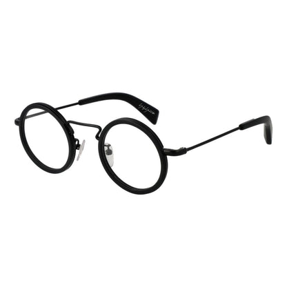 Yohji Yamamoto Black Acetate Glasses (Frames), unisex full-rim black acetate frames, round style with demo lenses, includes branded soft case.