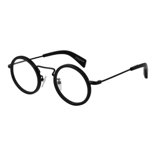 Yohji Yamamoto Black Acetate Glasses (Frames), unisex full-rim black acetate frames, round style with demo lenses, includes branded soft case.
