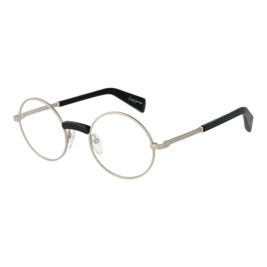 Round Yohji Yamamoto Silver Men Glasses Frame, metal full-rim, demo lenses. Size 48-21-145. Includes branded soft case.