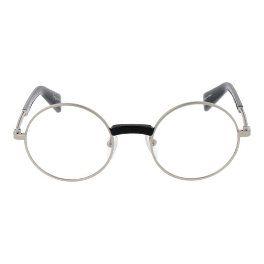 Yohji Yamamoto Silver Men Glasses Frame, round metal, full-rim, 48-21-145, with demo lenses in a branded soft case.