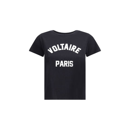 Zadig & Voltaire Black Cotton T-Shirt with contrasting Voltaire Paris logo on front, ribbed crew neck, perfect for casual contemporary style.