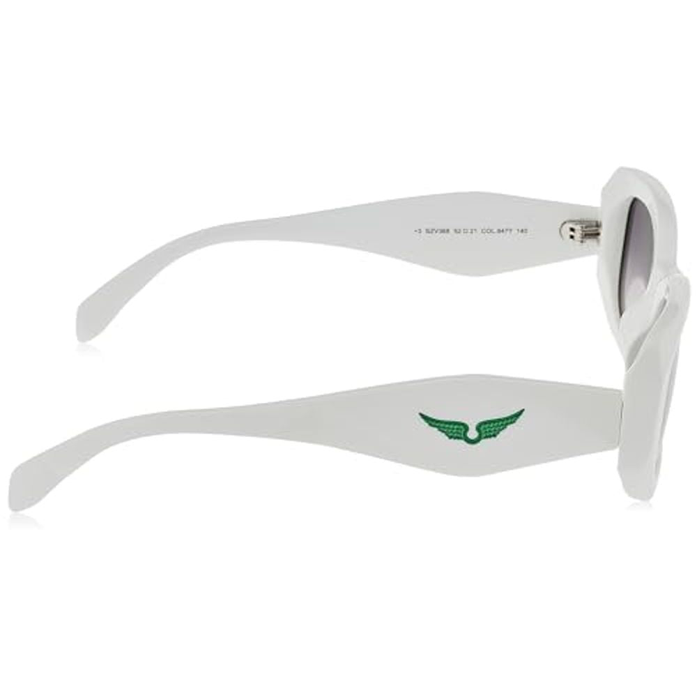 Side view of Zadig & Voltaire White Acetate Sunglasses with green emblem on temples, showing white frames and acetate material.