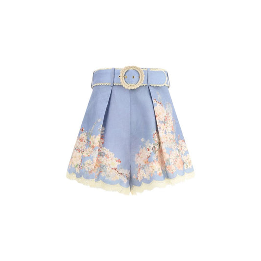 Zimmermann Light Blue Linen Bermuda Shorts with botanical print and belted waist, perfect for chic summer style AW25.