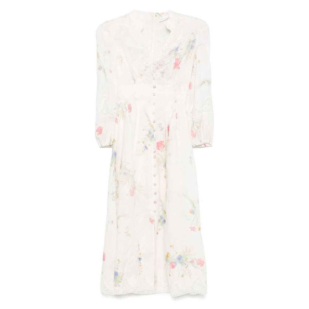 Zimmermann Lucky low-cut lace midi dress in ecru with floral print, front button fastening, and elasticated cuffs.