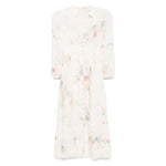 Zimmermann Lucky low-cut lace midi dress in ecru with floral print, front button fastening, and elasticated cuffs.