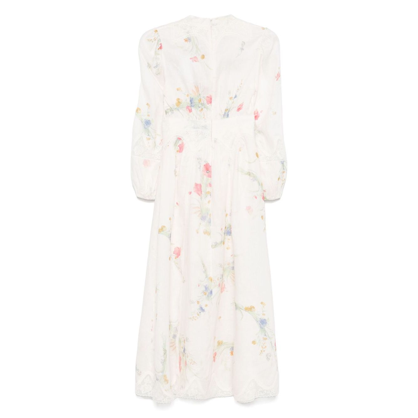 Zimmermann Lucky low-cut lace midi dress in ecru with floral print, button and zip fastening, featuring elasticated cuffs.