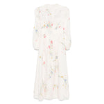 Zimmermann Lucky low-cut lace midi dress in ecru with floral print, button and zip fastening, featuring elasticated cuffs.