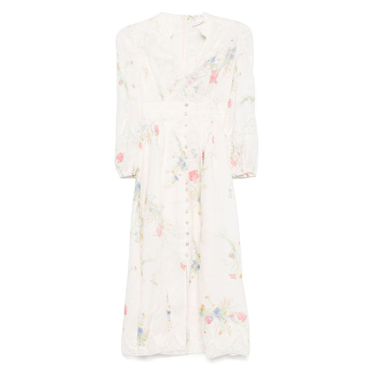 Zimmermann Lucky low-cut lace midi dress in ecru with floral print, front button fastening, and elasticated cuffs.