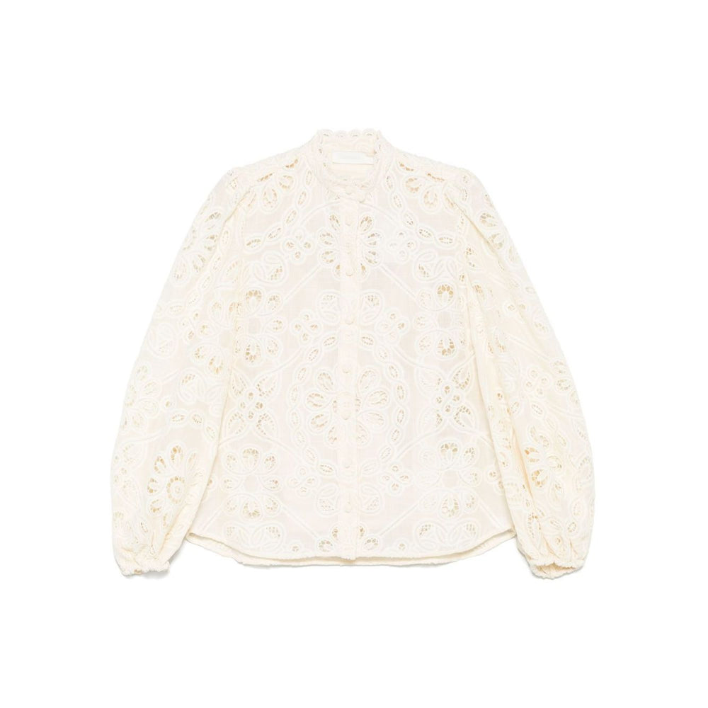 Zimmermann Shirts Ivory blouse with floral detailing, button fastening, long sleeves, elastic cuffs, beige color. True to size fit.