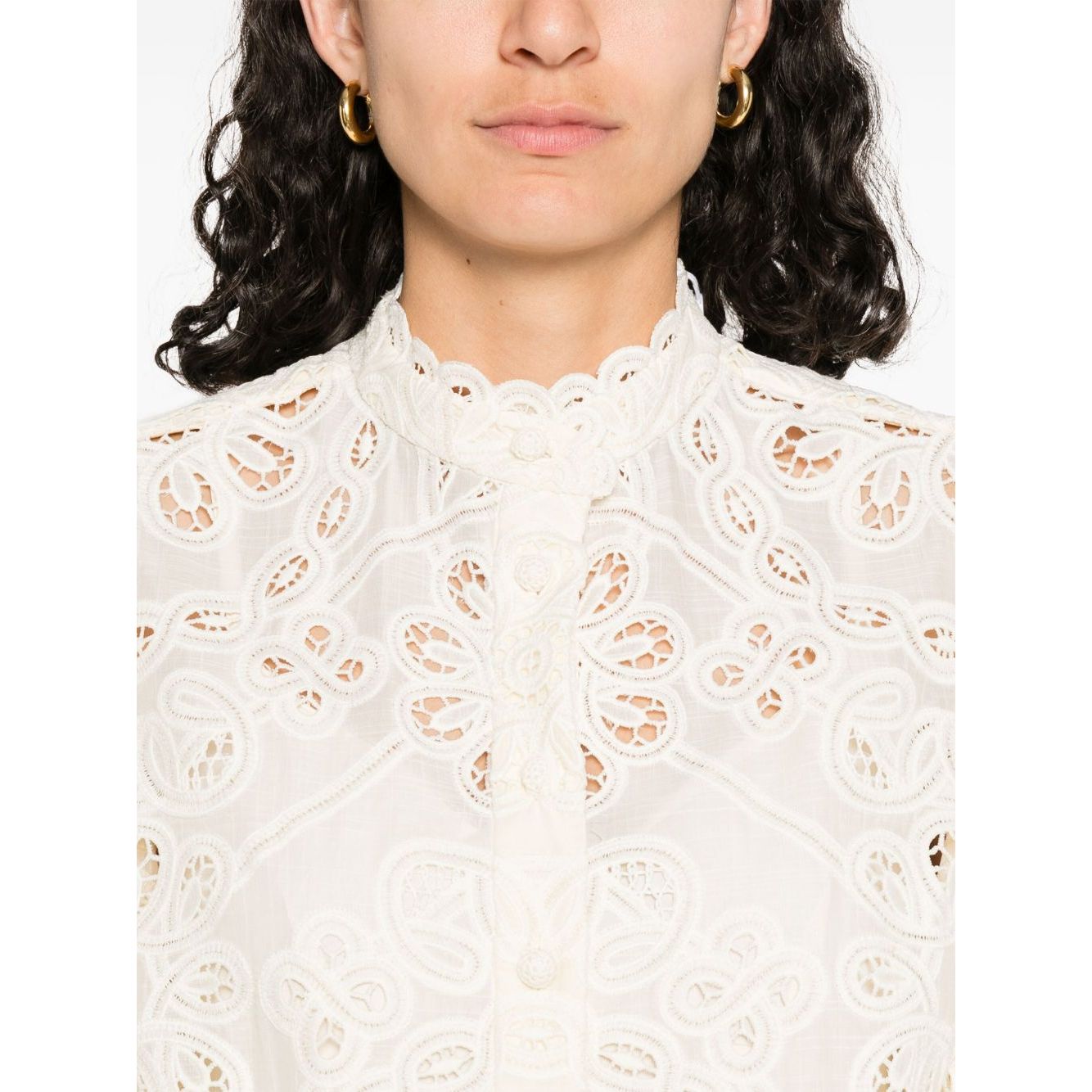 Zimmermann Shirts Ivory with floral cut-out detailing and elasticated cuffs, front view of Rhiannon embroidered long-sleeve blouse.