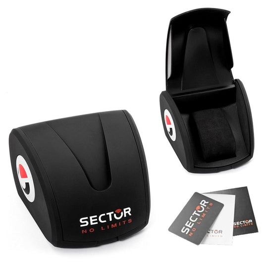 Black SECTOR Mod. 240 wristwatch box with logo, open and closed views, showing internal padding and accompanying accessories.